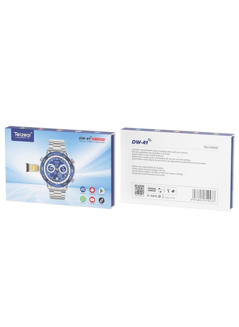 Telzeal DW-41 4G Smart Watch for Men and Boys with 1.53 Inch Full Curved Display, 4GB RAM 64GB Storage, Built-in Front Camera, SIM Card Slot, GPS & Fitness Tracker – Stylish Smartwatch with 3 Interchangeable Straps & Magnetic Charging Cable - Image 3