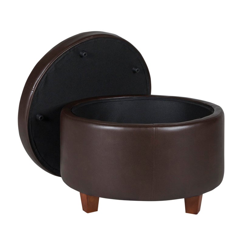 HomePop Round Leatherette Storage Ottoman with Lid, Chocolate Brown Large - Image 1