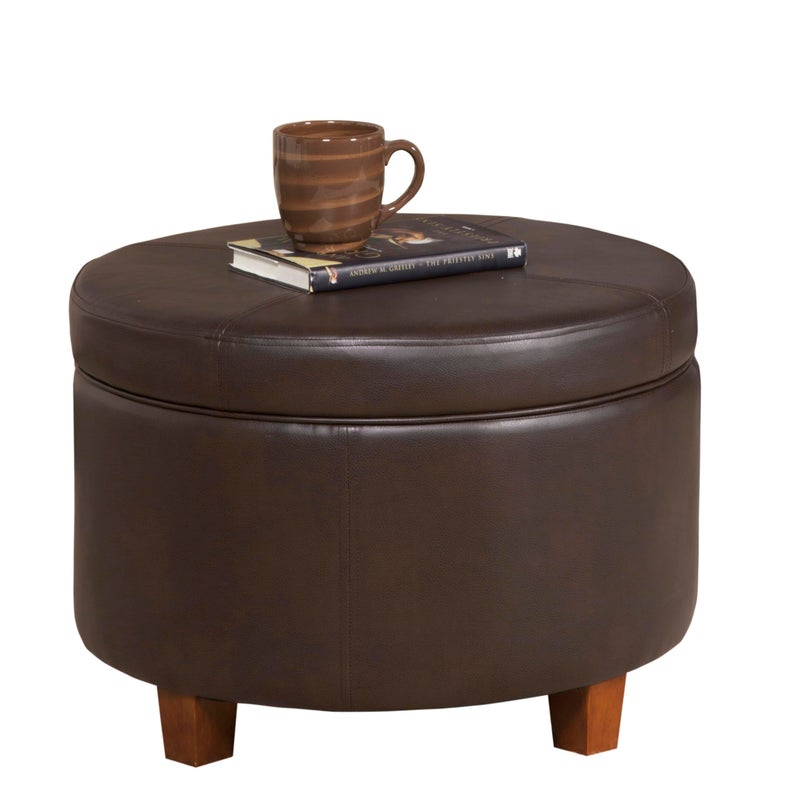 HomePop Round Leatherette Storage Ottoman with Lid, Chocolate Brown Large - Image 2