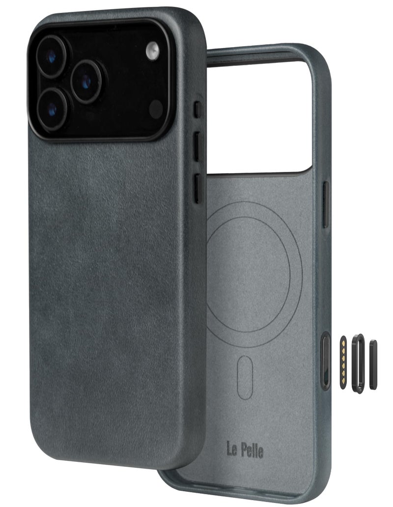Le Pelle Handcrafted Premium Italian Leather Case for iPhone 17 Pro Max Builtin Camera Control Compatible with Magsafe TwoTone Effect with Unique Patina Over Time Mist Blue - Image 2