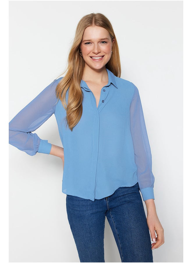 Light Blue Regular Sleeves Transparent Regular Fit Woven Shirt TWOAW20GO0116