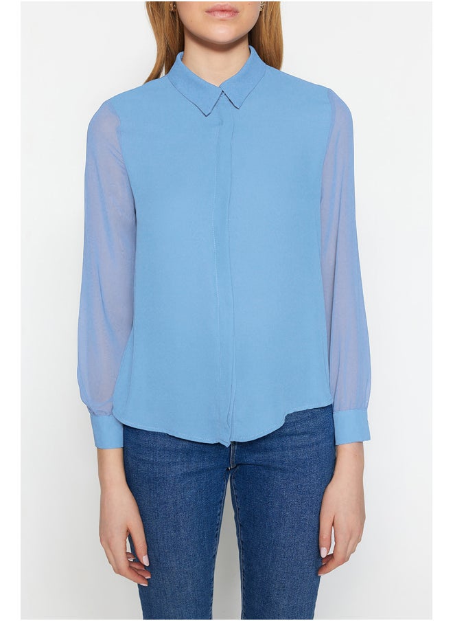 Light Blue Regular Sleeves Transparent Regular Fit Woven Shirt TWOAW20GO0116