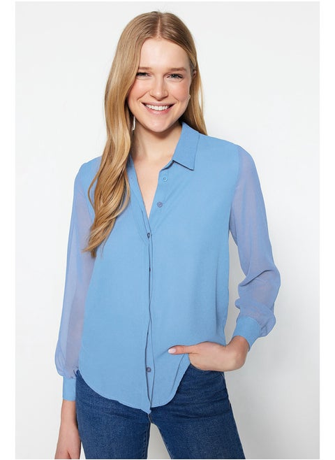 Light Blue Regular Sleeves Transparent Regular Fit Woven Shirt TWOAW20GO0116