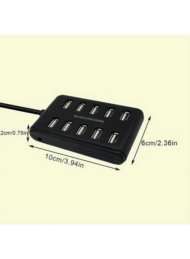 محطة شحن USB سوداء بـ 10 منافذ مع مفاتيح تشغيل وإيقاف فردية وشريط طاقة مسطح منخفض الارتفاع - Image 2