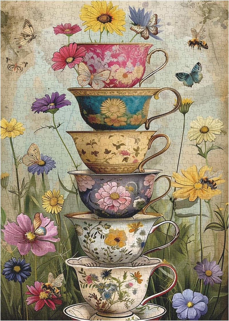 PPuzzling Vintage Flower Cup Puzzle for Adults 1000 Pieces, Nature Challenging Spring Floral Plant Puzzles, Retro Cups Garden Puzzle with Butterfly and Bee as Home Wall Art Decor - Image 2