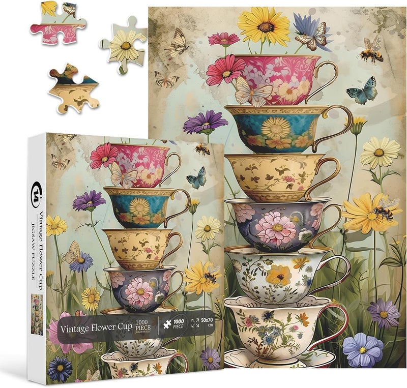 PPuzzling Vintage Flower Cup Puzzle for Adults 1000 Pieces, Nature Challenging Spring Floral Plant Puzzles, Retro Cups Garden Puzzle with Butterfly and Bee as Home Wall Art Decor - Image 1