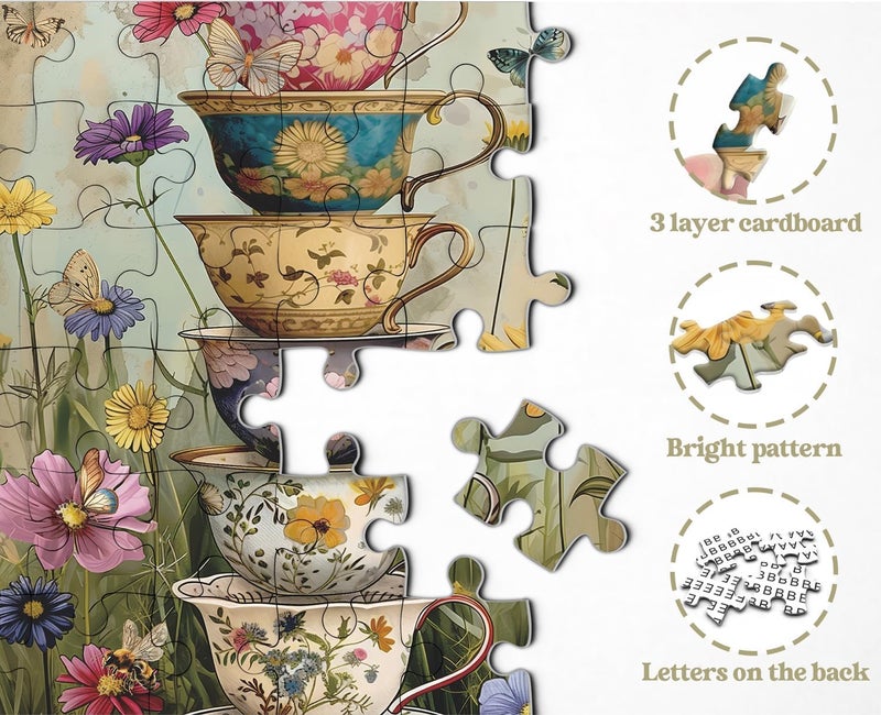PPuzzling Vintage Flower Cup Puzzle for Adults 1000 Pieces, Nature Challenging Spring Floral Plant Puzzles, Retro Cups Garden Puzzle with Butterfly and Bee as Home Wall Art Decor - Image 4