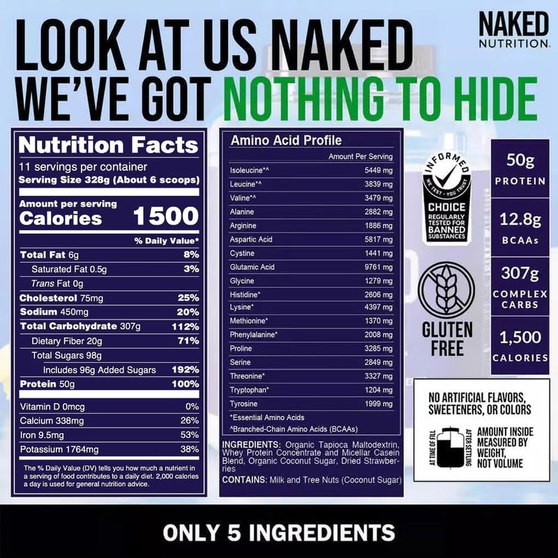 Nakd NAKED Strawberry Mass  1500 Calories 50G Protein Nothing Artificial Strawberry Weight Gainer Protein Powder  8lb Bulk GMO Free Gluten Free  Soy Free - Image 5
