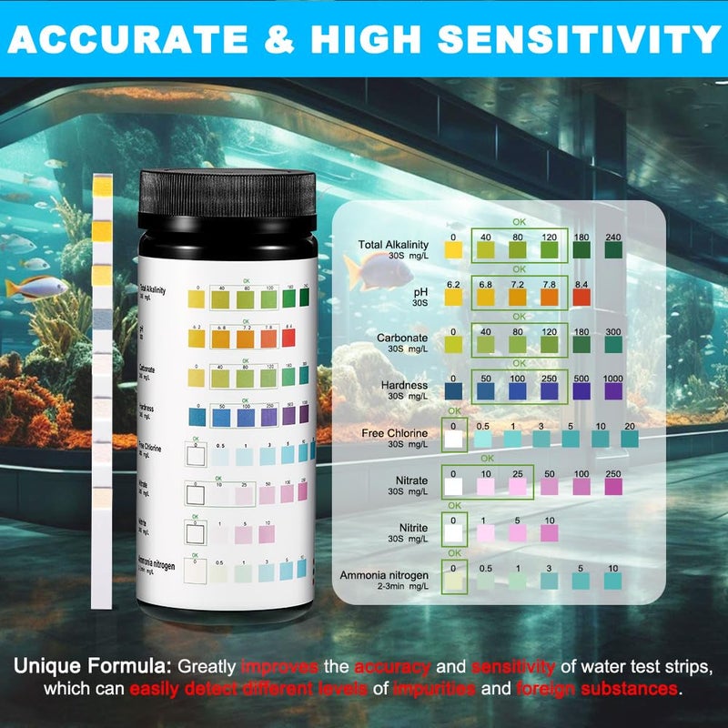 DaToo 8 in 1 Aquarium Test Kit Fish Tank Test Strips Accurate Water Quality Testing Strips for Ammonia PH Total Alkalinity Carbonate Hardness Free Chlorine Nitrate Nitrite Temperature (100 Strips) - Image 4