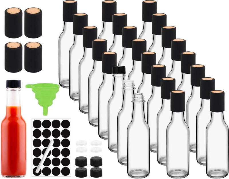 Ahhute Sauce Bottles 5oz Small Olive Oil Bottles with Shrink Capsules Mini Vanilla Wine Bottle for Wedding Favors Gifts Glass Hot Sauce Bottles wBlack Caps and Silicone Funnel Set of 24 - Image 2