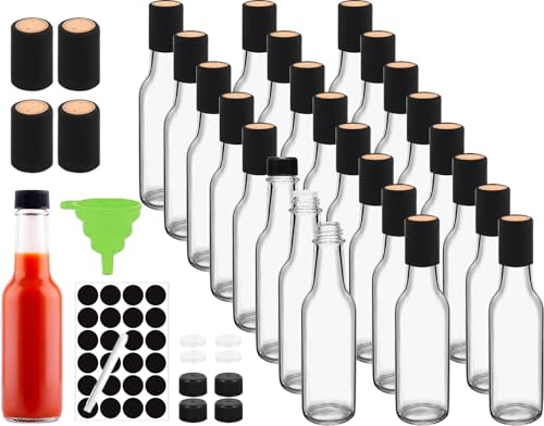 Ahhute Sauce Bottles 5oz Small Olive Oil Bottles with Shrink Capsules Mini Vanilla Wine Bottle for Wedding Favors Gifts Glass Hot Sauce Bottles wBlack Caps and Silicone Funnel Set of 24 - Image 1