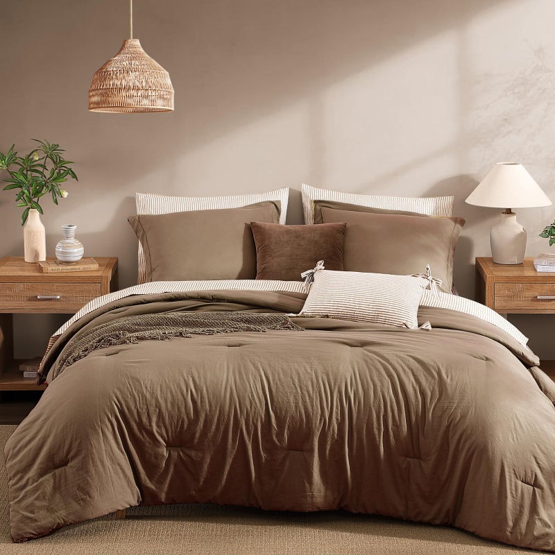 Monbix Queen Comforter Set - 7 Pieces Brown Prewashed Bed in a Bag Queen Bedding Sets with Comforters, All Seasons Ultra Soft Comforter Bed Set with Sheets,Pillowcases & Shams - Image 1