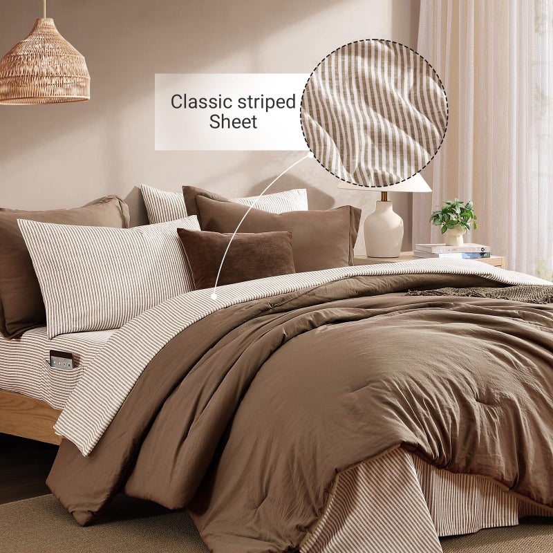 Monbix Queen Comforter Set - 7 Pieces Brown Prewashed Bed in a Bag Queen Bedding Sets with Comforters, All Seasons Ultra Soft Comforter Bed Set with Sheets,Pillowcases & Shams - Image 5