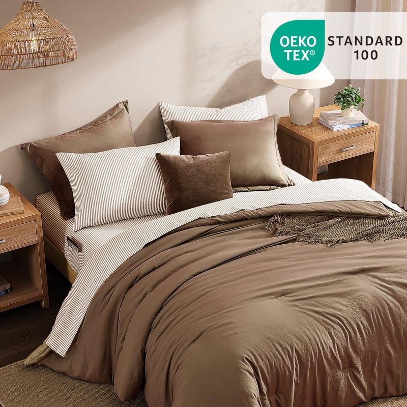 Monbix Queen Comforter Set - 7 Pieces Brown Prewashed Bed in a Bag Queen Bedding Sets with Comforters, All Seasons Ultra Soft Comforter Bed Set with Sheets,Pillowcases & Shams - Image 2