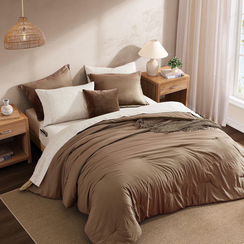 Monbix Queen Comforter Set - 7 Pieces Brown Prewashed Bed in a Bag Queen Bedding Sets with Comforters, All Seasons Ultra Soft Comforter Bed Set with Sheets,Pillowcases & Shams - Image 3