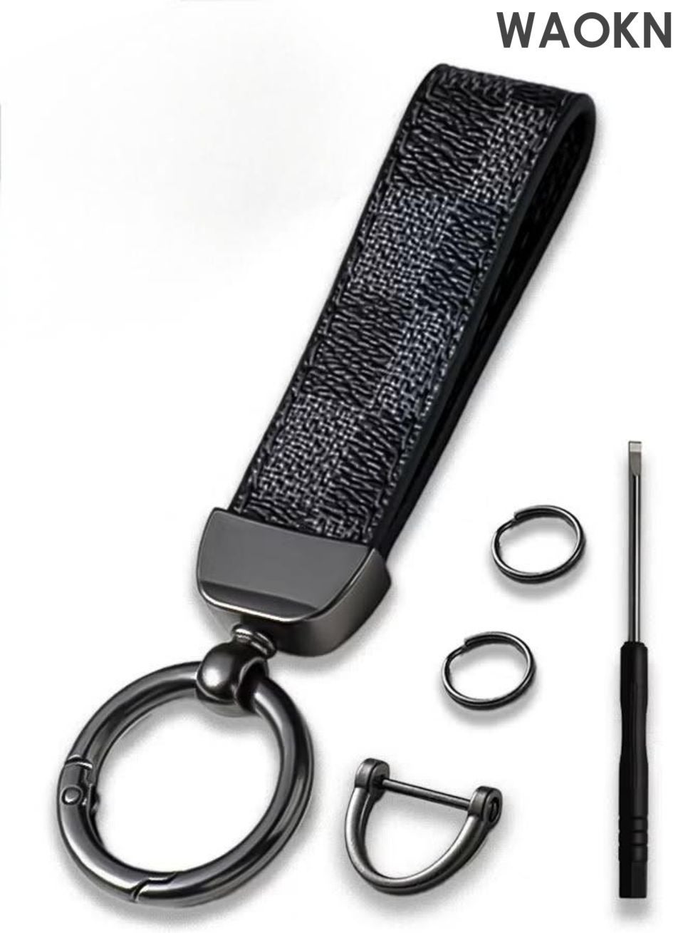 Elegant metal and leather keychain car key holder for adults. Stylish keychain with gunmetal-coloured rings, perfect for men, featuring 3 key rings for added functionality. Made with elegant and refined grey and black leather, it offers 360-degree rotation for convenience , making it an excellent accessory or gift choice.