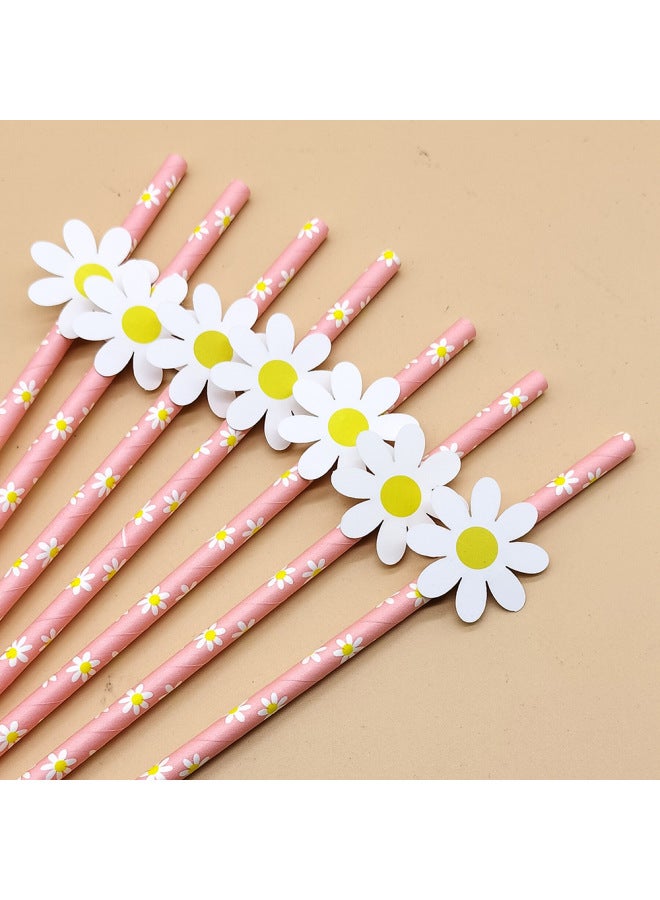 Internet Celebrity Straw Valentine's Day Love Card Disposable Degradable Paper Dessert Milk Tea Party Decorative Straw-Color:Daisy Card Powder Small Flower Straw  - Image 1