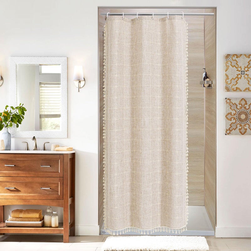 MitoVilla Boho Small Stall Shower Curtain 36 x 72 Tan Brown Half Size Narrow Cotton Linen Tassel Cloth Fabric Shower Curtains for Chic Modern Farmhouse Country Bathroom Decor