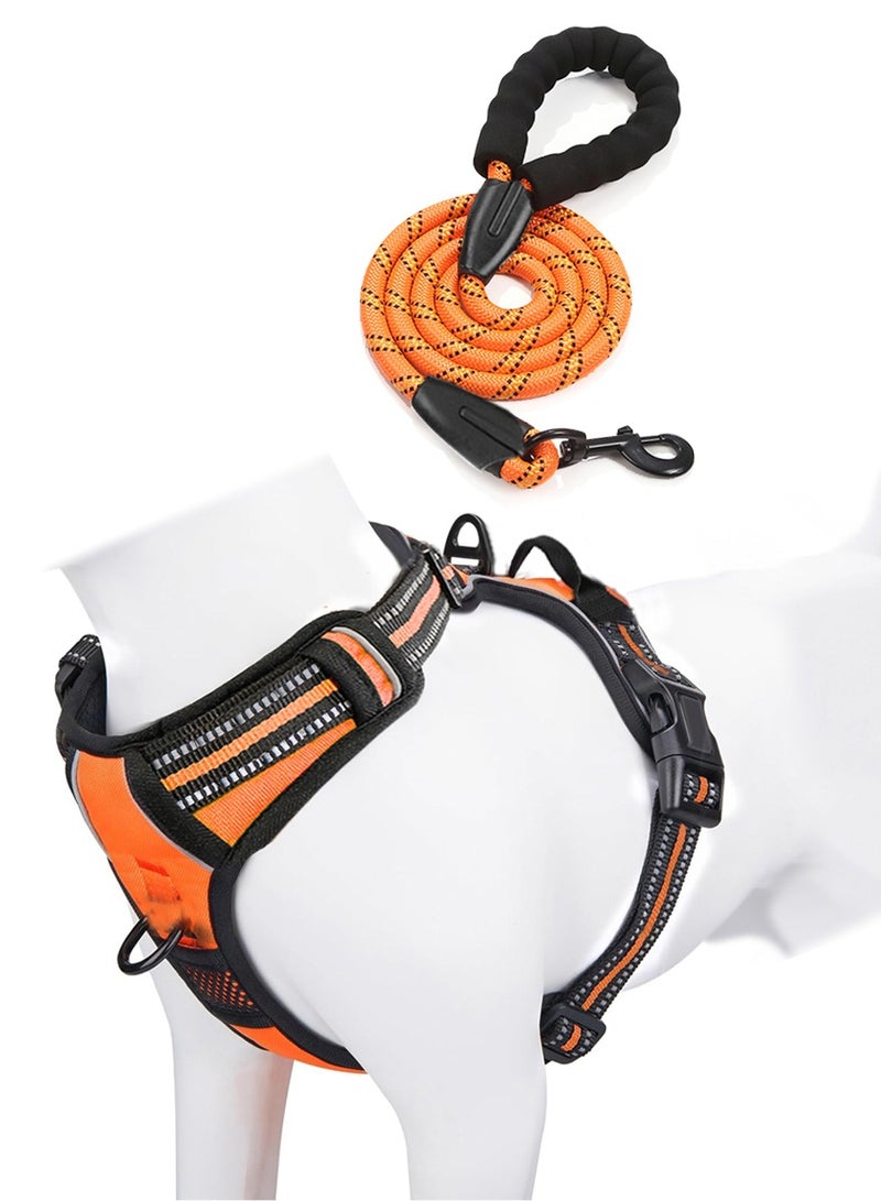 طقم حزام كلاب قابل للتعديل ومقود بطول 1.5 متر للكلاب المتوسطة والكبيرة، مبطن وناعم لا يسبب السحب، وخيوط عاكسة عالية، برتقالي - Image 1