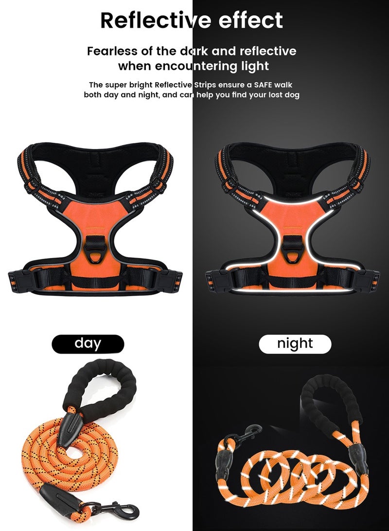 طقم حزام كلاب قابل للتعديل ومقود بطول 1.5 متر للكلاب المتوسطة والكبيرة، مبطن وناعم لا يسبب السحب، وخيوط عاكسة عالية، برتقالي - Image 2