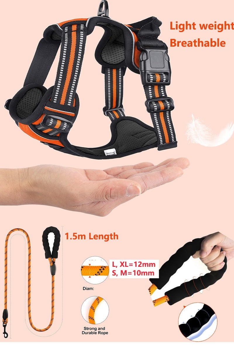 طقم حزام كلاب قابل للتعديل ومقود بطول 1.5 متر للكلاب المتوسطة والكبيرة، مبطن وناعم لا يسبب السحب، وخيوط عاكسة عالية، برتقالي - Image 4