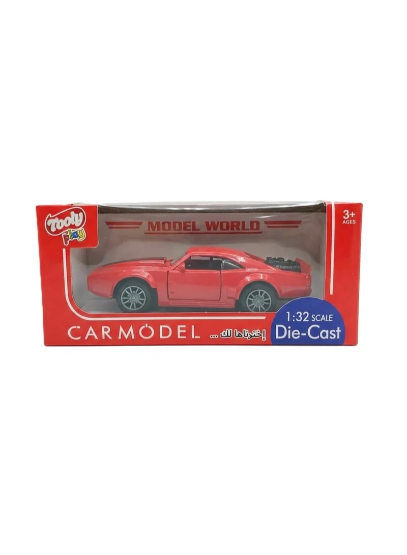 تولي سيارة ماسل كار مخططة معدنية مصبوبة بالقوالب (Die-cast) تعمل بنظام السحب للخلف، مزودة بالموسيقى والأضواء وأبواب يدوية الفتح، باللون الأحمر، بحجم عبوة 15.8 × 6 × 6.8 سم.