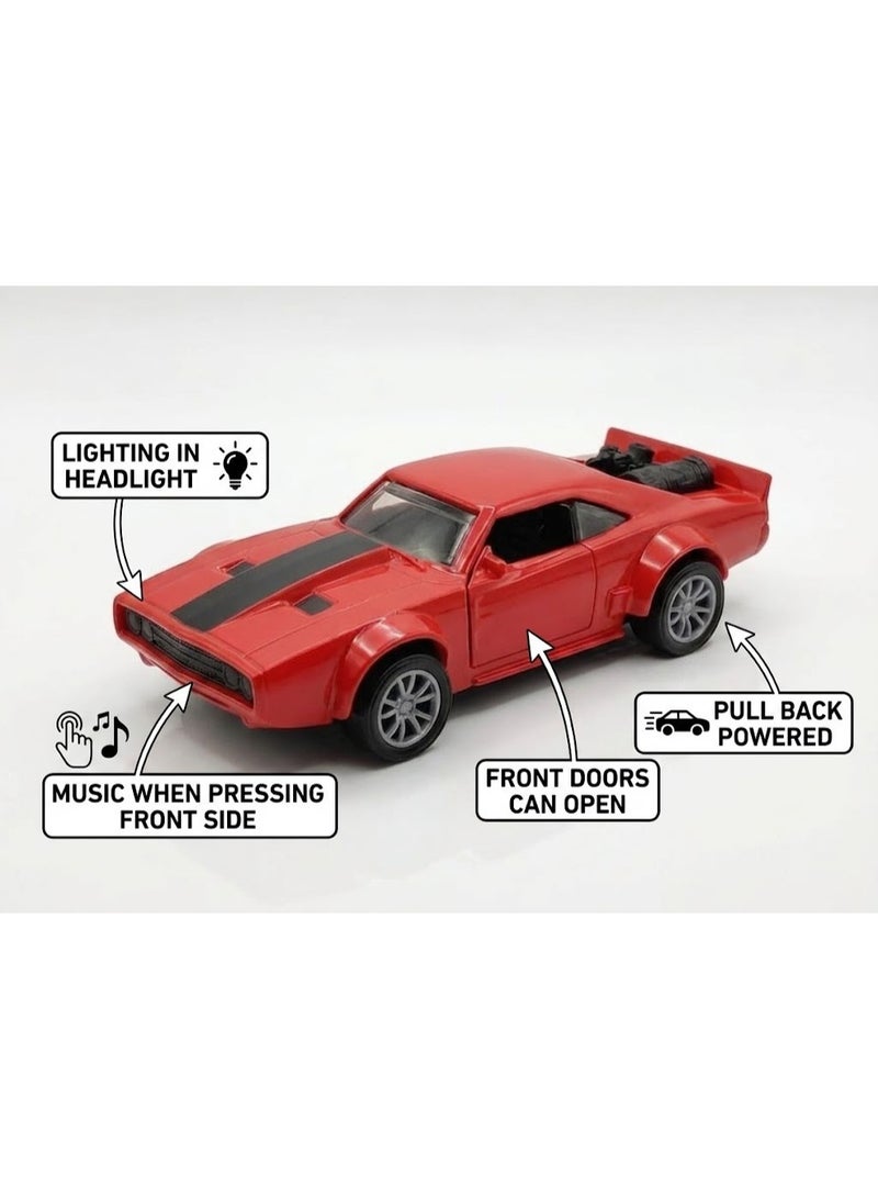 TOOLY Die-cast pull-back metal Stripes Muscle car with music, lights, and manual doors,Red colour , Pack size 15.8x6x6.8 CM. - Image 4