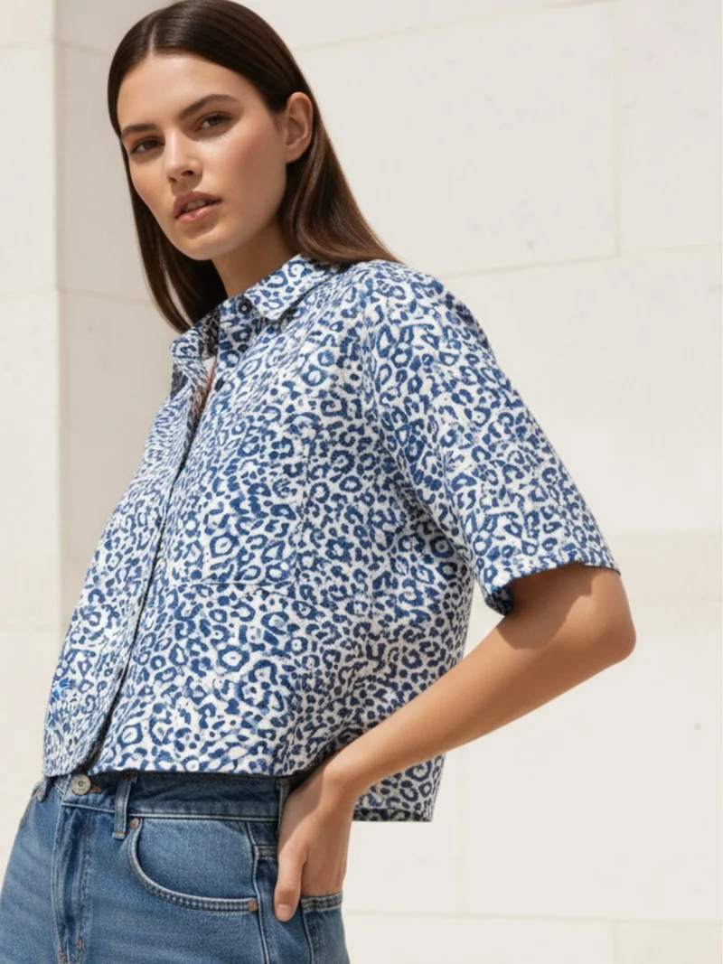 OUTZIDR Blue Printed Cropped Shirt