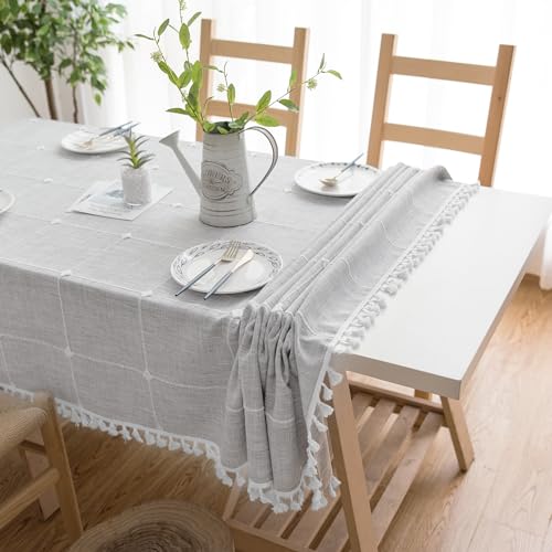 Oubonun Cotton Linen Square Tablecloth - Wrinkle Resistant & Waterproof - Machine Washable Table Cloth with Tassels for Kitchen & Dining, 55''x55'', 4 Seats, Grey - Image 2
