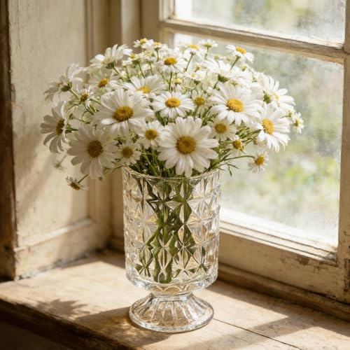 BLOFLO STU BLOFLO Embossed Glass Vase, 7'' Crystal Glass Vases for Flowers, Pedestal Big Base Glass Bouquet Vase, Hydroponic Glass Transparent Vase for Home Office Wedding Dining Table Party - Image 3