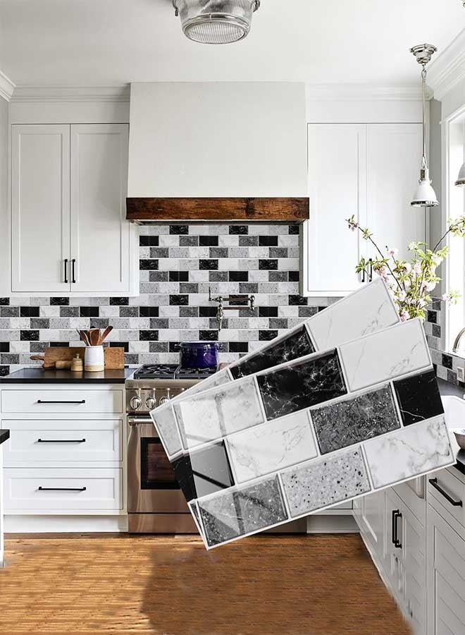 رَوَائِد ١٢ قطعة من ملصقات بلاط للمطبخ والحمام – باللونين الأسود والأبيض، فينيل لاصق مقاوم للماء، ديكور جداري، مقاس ١٥ × ٣٠ سم - Image 1