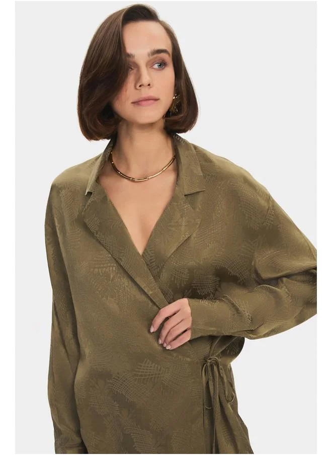 JUNE June Women Oversize/Loose Fit Viscose Blend Tie Detail Self-Fited Shirt Khaki