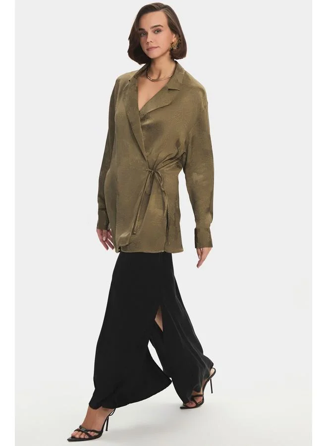 JUNE June Women Oversize/Loose Fit Viscose Blend Tie Detail Self-Fited Shirt Khaki