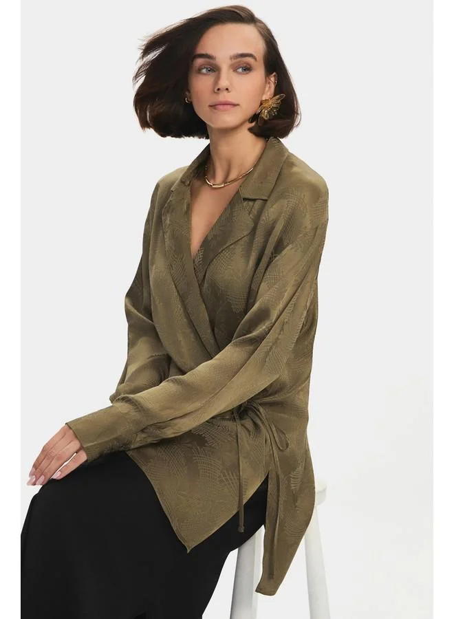 JUNE June Women Oversize/Loose Fit Viscose Blend Tie Detail Self-Fited Shirt Khaki
