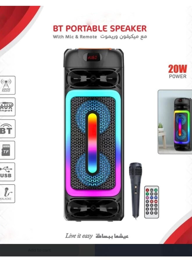 LC BT Portable Speaker with Wireless Mic and Remote Powerful 20W Sound Colorful LED Lights Multi-Function Audio System - Image 2