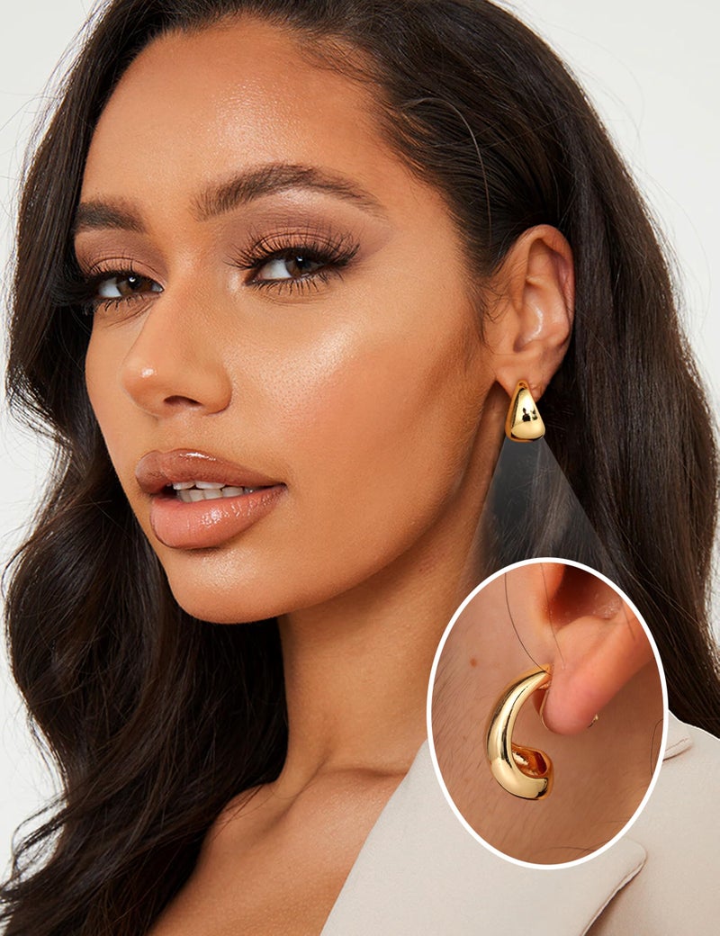 BESTEEL 3Pairs Clip on Earrings for Women Trendy Hypoallergenic 14K Gold Plated Chunky Tube Croissant Waterdrop Clip-on Hoop Earrings Set Fake Jewelry Non Pierced Ears - Image 3