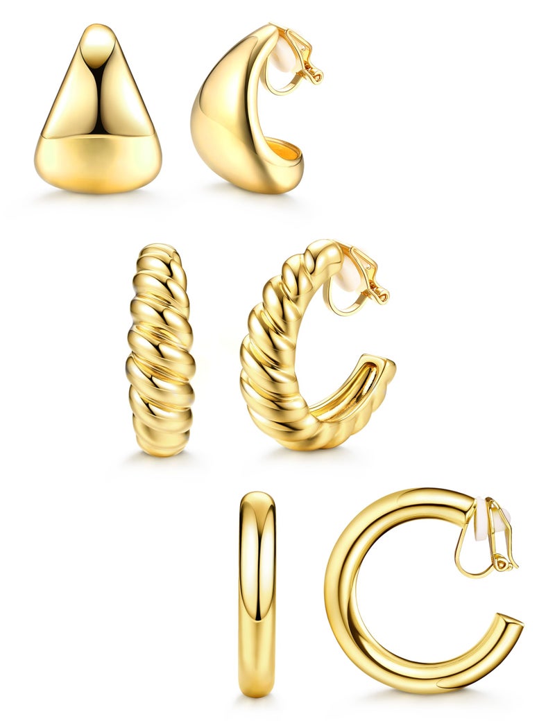 BESTEEL 3Pairs Clip on Earrings for Women Trendy Hypoallergenic 14K Gold Plated Chunky Tube Croissant Waterdrop Clip-on Hoop Earrings Set Fake Jewelry Non Pierced Ears - Image 1