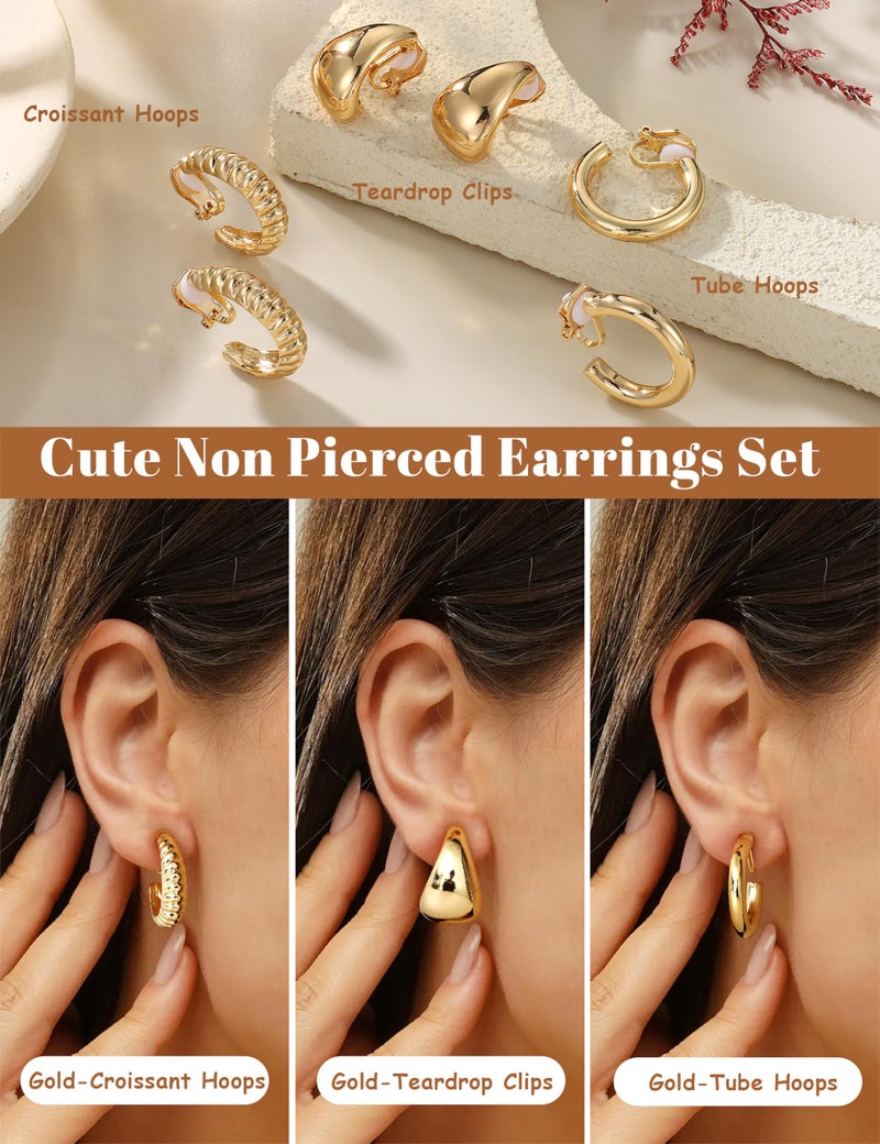 BESTEEL 3Pairs Clip on Earrings for Women Trendy Hypoallergenic 14K Gold Plated Chunky Tube Croissant Waterdrop Clip-on Hoop Earrings Set Fake Jewelry Non Pierced Ears - Image 4