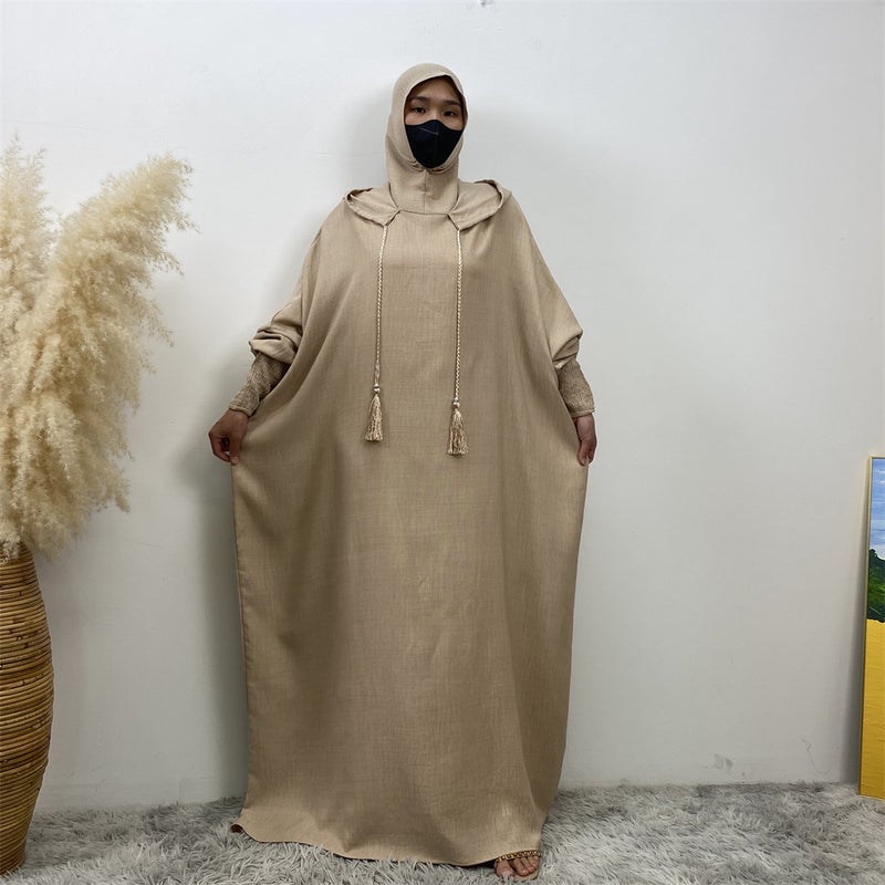 monica fashion Simple Solid Color Long Sleeves Kaftan And Batwing Style Hooded Dress - Image 4
