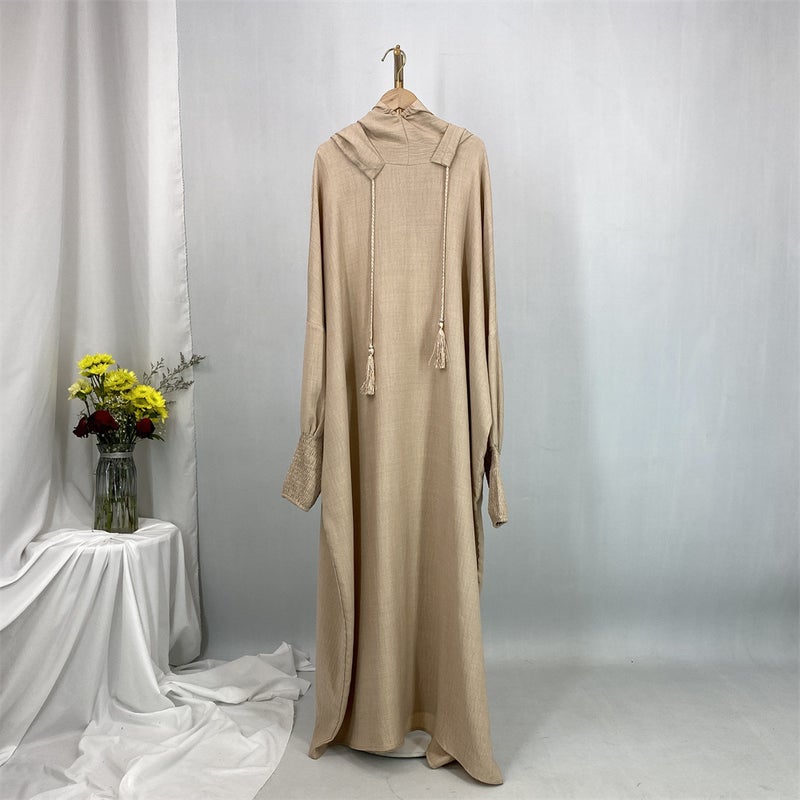 monica fashion Simple Solid Color Long Sleeves Kaftan And Batwing Style Hooded Dress - Image 1