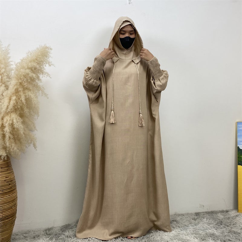 monica fashion Simple Solid Color Long Sleeves Kaftan And Batwing Style Hooded Dress - Image 3