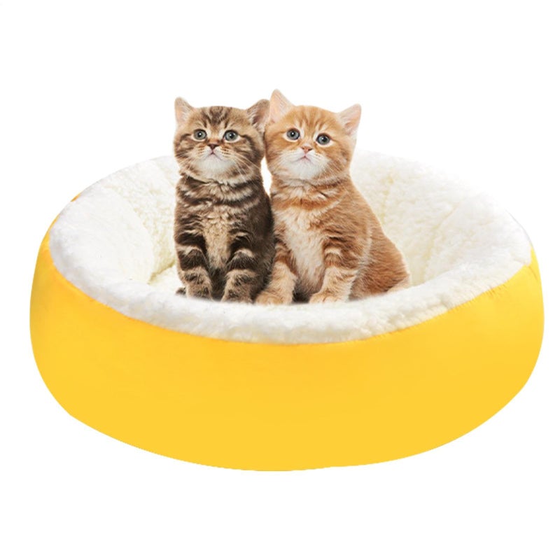 Washable Anti Slip Round Warming Calming Bed For Dogs Cats Yellow 30cm - Image 2