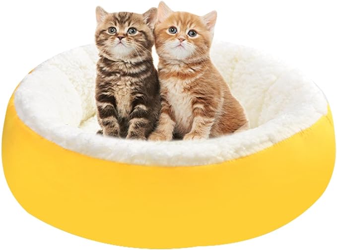 Washable Anti Slip Round Warming Calming Bed For Dogs Cats Yellow 30cm - Image 1