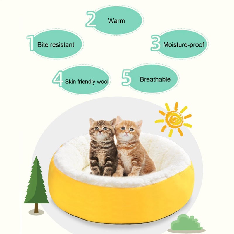Washable Anti Slip Round Warming Calming Bed For Dogs Cats Yellow 30cm - Image 5
