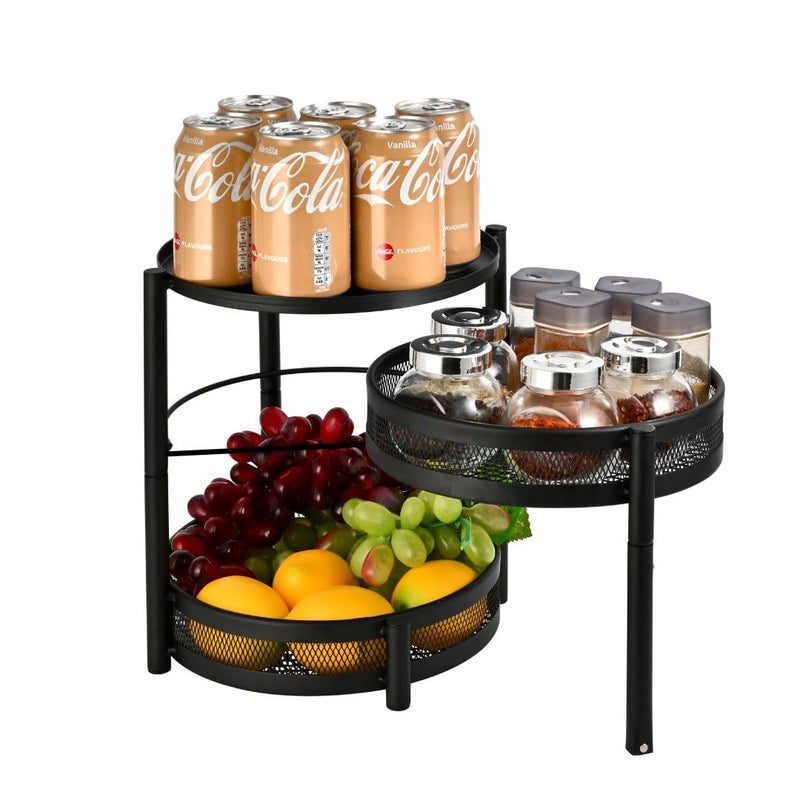 IBERG 3 Tier Spice Rack with Rotating Middle Tier, Mesh Steel Countertop Organizer for Kitchen, Coffee Bar & Bathroom (Black) - Image 1