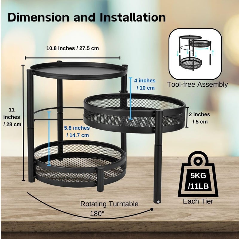 IBERG 3 Tier Spice Rack with Rotating Middle Tier, Mesh Steel Countertop Organizer for Kitchen, Coffee Bar & Bathroom (Black) - Image 2