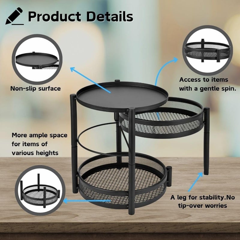 IBERG 3 Tier Spice Rack with Rotating Middle Tier, Mesh Steel Countertop Organizer for Kitchen, Coffee Bar & Bathroom (Black) - Image 3