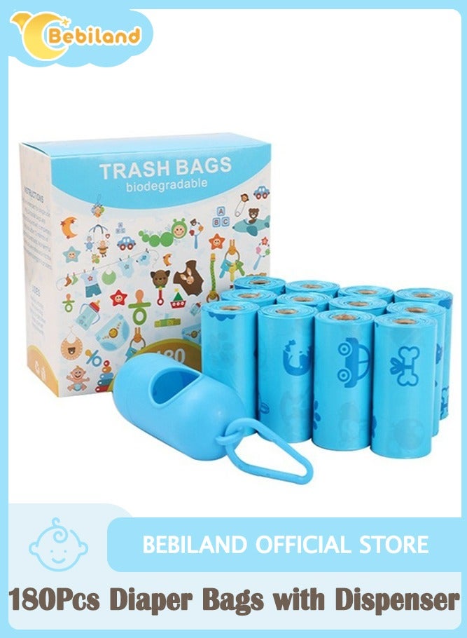 Bebiland 180-Piece Disposable Diaper Bag Refills with Dispenser, Safe and Odour Control Biodegradable Baby Nappy Sacks for Collecting Nappies and Garbage, Blue  - Image 1