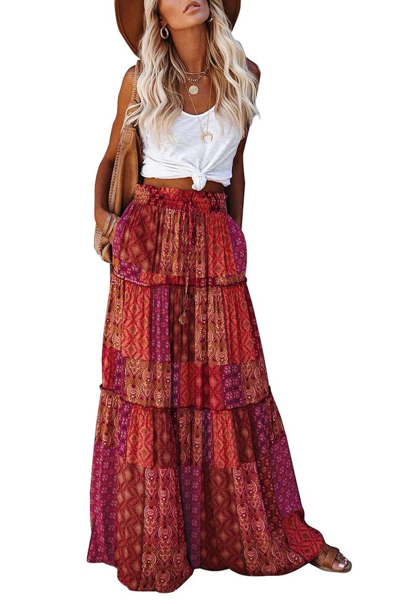 Punude Women's 2026 Summer Skirt High Waist Flowy A Line Boho Skirt Maxi Skirt with Pockets Red M - Image 1