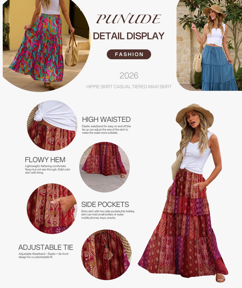 Punude Women's 2026 Summer Skirt High Waist Flowy A Line Boho Skirt Maxi Skirt with Pockets Red M - Image 3